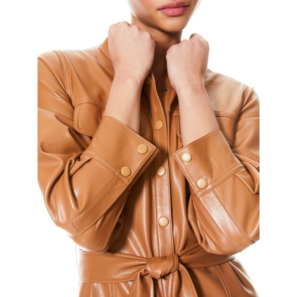 Alice + Olivia Miranda Vegan Leather Tie Waist Brown Mini Dress - Picture 14 of 16